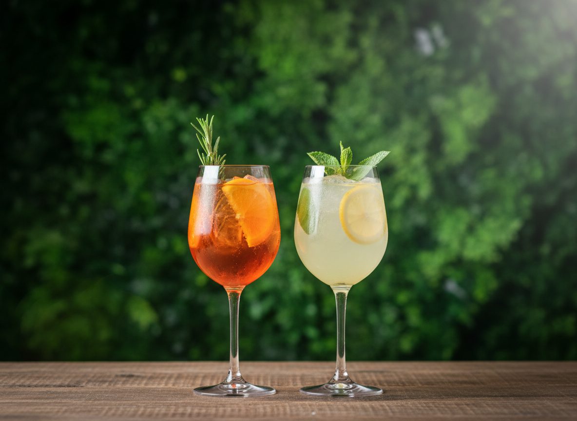 Hier ein Aperol Sprizz, da ein Limoncello Sprizz - Cocktails schmecken s&uuml;&szlig; und lecker und da wird der viele Alkohol darin h&auml;ufig vergessen und untersch&auml;tzt. Foto maschinell erstellt mit Adobe Firefly 